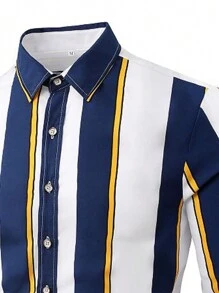 Áo sơ mi Nam Nút phía trước Sọc Giải trí - Xanh và trắng - Xem 3