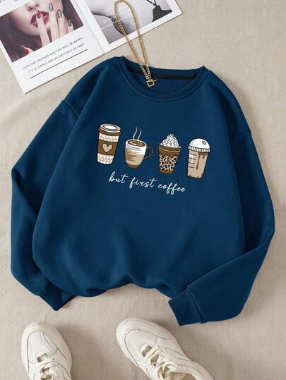 INAWLY Coffee And Slogan Graphic Thermal Lined Sweatshirt,Long Sleeve Tops Graduation,Back To School Outfits,Graduation,Teacher Outfits For Women,Back To School Pullover Fall Outfit