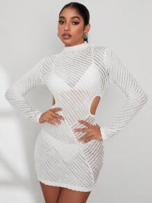 Zolique Cut Out Waist Mock Neck Bodycon Dress Without Lingerie Set Fall Cloth For Women - Beige - View 1