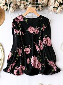 Plus Floral Print Flare Sleeve Blouse Fall Cloth For Women - Black - View 2