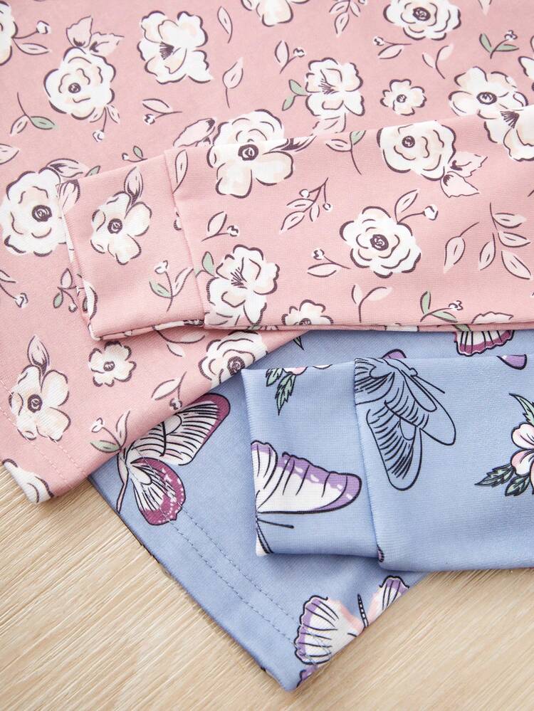 Ensemble Pyjama Ajusté À Imprimé Papillon Et Floral Pour Fille Pré-adolescente 2 Ensembles - Multicolore - Voir 5
