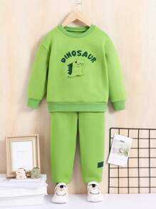 SHEIN 女小童卡通恐龍裝飾加絨內裏衛衣和衛褲 - 綠色 - 查看 1