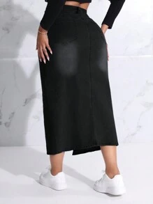 SHEIN SXY 大碼高腰高衩牛仔半身裙 - 黑色 - 查看 2