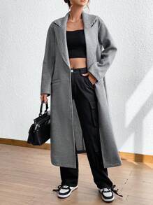 SHEIN Unity 西裝領前紐扣花呢外套 - 灰色 - 查看 4