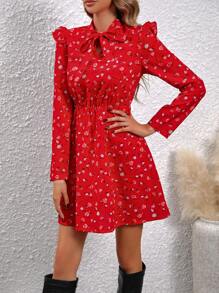 SHEIN LUNE Ditsy Floral Print Tie Neck Ruffle Trim Dress - Red - View 4
