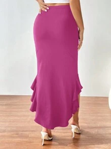 SHEIN Privé 褶邊荷葉邊不對稱下擺半身裙 - 玫紅色 - 查看 2