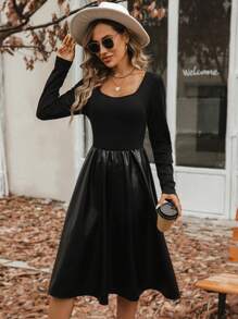 Chiquease Solid Scoop Neck PU Dress - Black - View 5