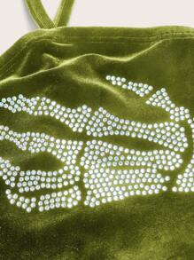 SHEIN EZwear 大碼水鑽骷髏手圖案落肩袖短款連帽衫&吊帶上衣 - 軍綠色 - 查看 4