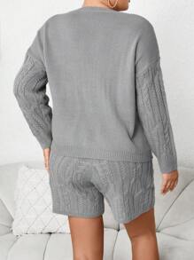 Calvaya Plus Cable Knit Drop Shoulder Sweater & Knit Shorts Fall Cloth For Women - Grey - View 2