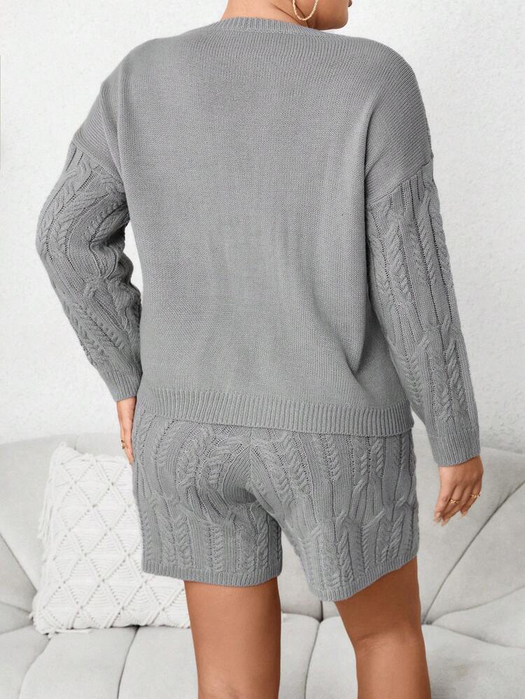 Plus Cable Knit Drop Shoulder Sweater & Knit Shorts Fall Cloth For Women