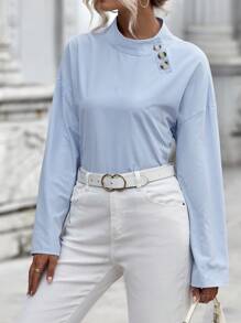 SHEIN Essnce Blue And White Pinstriped Stand Collar Pullover Shirt - Blue and White - View 5