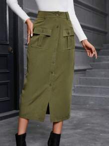 SHEIN LUNE Flap Pocket Button Front Skirt - Army Green - View 3