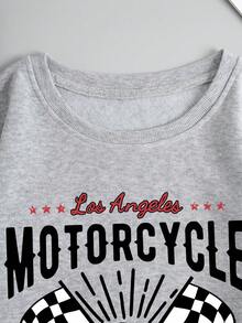 SHEIN EZwear 摩托車和字母圖案加絨內裏套頭衫 - 灰色 - 查看 6