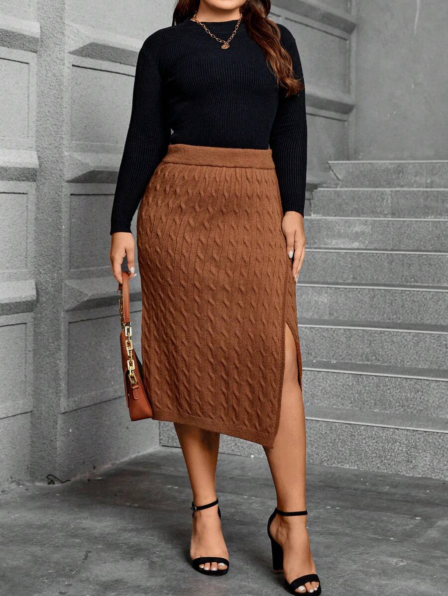 SHEIN Clasi 大碼素色麻花編織半身裙 - 棕色 - 查看 1