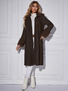 SHEIN Clasi Fuzzy Trim Open Front Coat - Coffee Brown - View 3