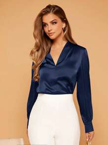 SHEIN Privé Solid V Neck Satin Blouse,Long Sleeve Tops - Navy Blue - View 3