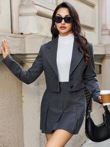 EURMUSE Ladies' Houndstooth Patterned Shirt Collar And Skirt Two Piece Set - Dark Grey - View 5