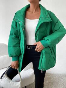 SHEIN Unity Abrigo con cremallera con botón de hombros caídos - Verde - Ver 1