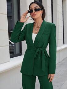 SHEIN Cottnline سترة وبنطلون بطية كبيرة وحزام خصر للنساء - مجموعة بدلة - أخضر - مشاهدة 5