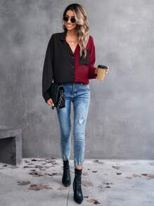 SHEIN LUNE Two Tone Drop Shoulder Patched Pocket Shirt - Burgundy - View 5