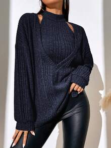 SHEIN LUNE 落肩袖下擺開叉T恤&掛脖上衣 - 寶藍色 - 查看 4