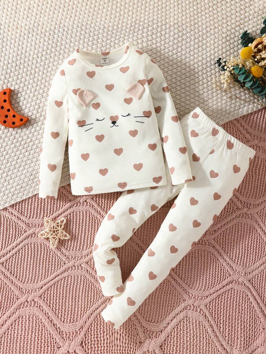 少女卡通心形圖案上衣和長褲舒適家居套裝,2件式 - 彩色 - 查看 1