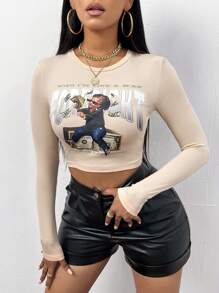 Slaydiva Figure & Slogan Graphic Crop Tee - Apricot - View 1