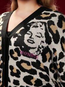 Marilyn Monroe X SHEIN Plus Leopard and Figure Pattern Button Front Cardigan - Multicolor - View 6