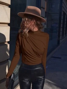 SHEIN Clasi 立領褶皺背面鑰匙孔 T 卹 - 棕色 - 查看 5