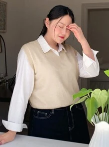 Dazy Petite Plus Solid Sweater Vest Without Blouse - Apricot - View 3