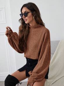SHEIN Essnce Funnel Neck Lantern Sleeve Ribbed Knit Tee - Coffee Brown - View 1