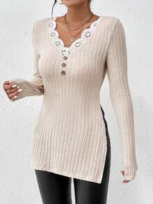 SHEIN Frenchy 鏤空蕾絲花邊下擺開叉T恤 - 杏色 - 查看 6