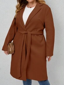 Franclia Plus Lapel Neck Belted Overcoat - Coffee Brown - View 6