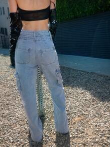 SHEIN Haute 交叉腰部分裂口貨物牛仔褲 - 淺色水洗藍 - 查看 2