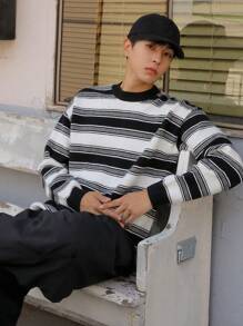 DAZY Men Striped Pattern Drop Shoulder Sweater Fall,Winter - Black and White - View 5