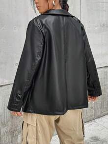 Flirla Plus Lapel Neck Leather Look Blazer - Black - View 3