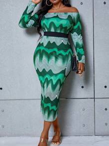 Maweii Plus Allover Print Off Shoulder Bodycon Dress Without Belt - Multicolor - View 4