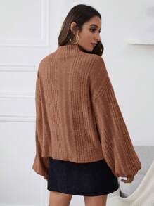 SHEIN Essnce Funnel Neck Lantern Sleeve Ribbed Knit Tee - Coffee Brown - View 2