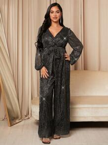 SHEIN Maternity Surplice Neck Lantern Sleeve Belted Sequin Wide Leg Jumpsuit - Black - View 4