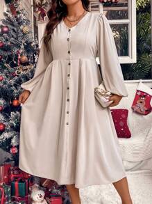Calvaya Plus Lantern Sleeve Button Front Dress