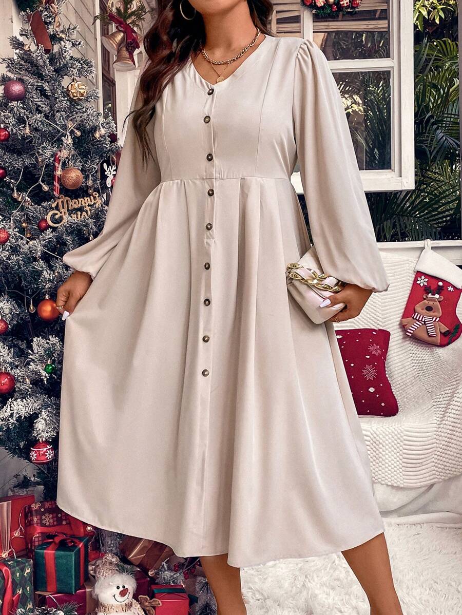 Calvaya Plus Lantern Sleeve Button Front Dress
