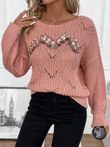 SHEIN LUNE 亮片装饰落肩镂空针织套头衫秋冬毛衣 - 西瓜粉 - 查看 6
