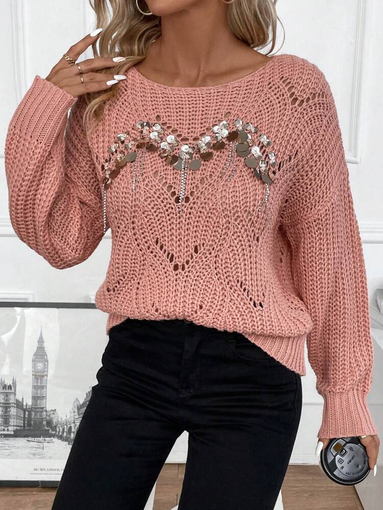 Sequin Detail Drop Shoulder Pointelle Knit Pullover Fall Winter Sweater
