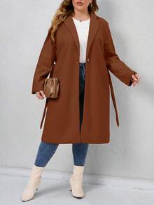 Franclia Plus Lapel Neck Belted Overcoat - Coffee Brown - View 5