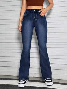 SHEIN PETITE Embroidery Detail Flare Leg Jeans - Blue - View 3