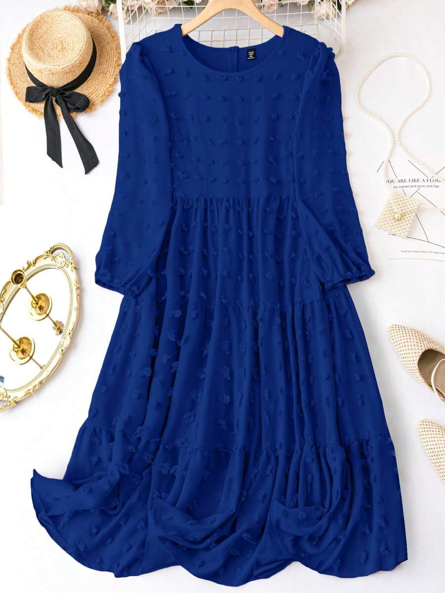 SHEIN Clasi 大碼圓點荷葉邊娃娃裙 - 藍色 - 查看 1