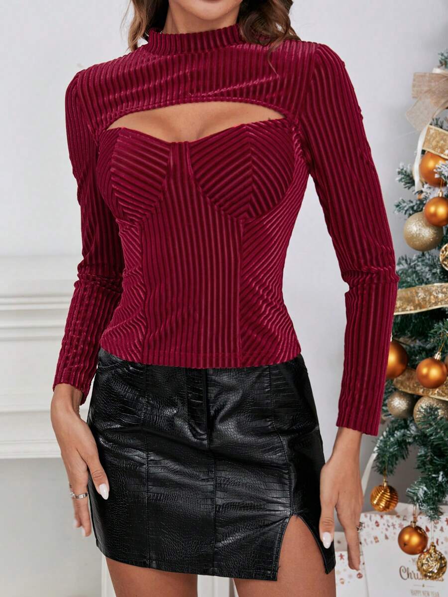 SHEIN Privé 鏤空小高領T恤 - 紅色 - 查看 1