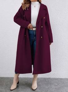 Calvaya Plus Size Double-breasted Turn-down Collar Woolen Coat - Red Violet - View 1