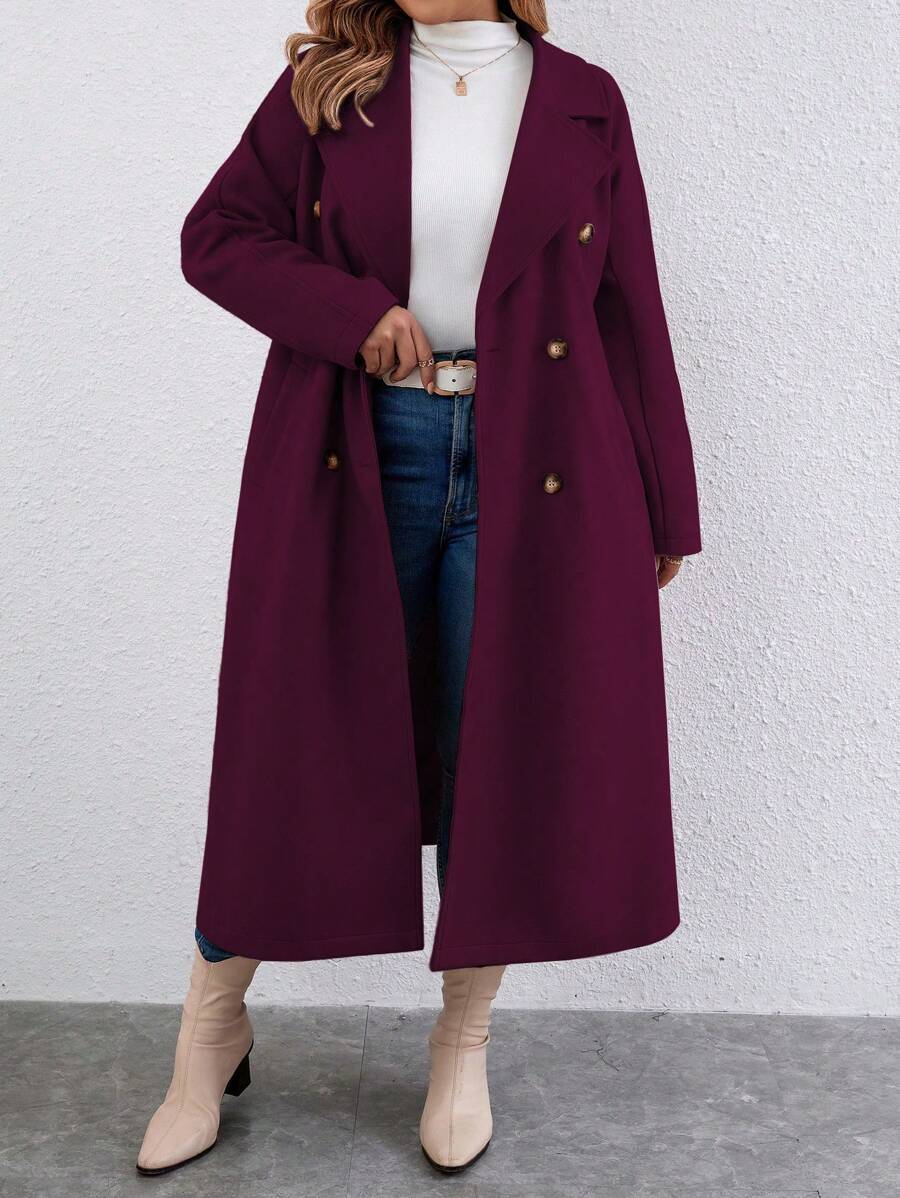 Calvaya Plus Size Double-breasted Turn-down Collar Woolen Coat - Red Violet - View 1