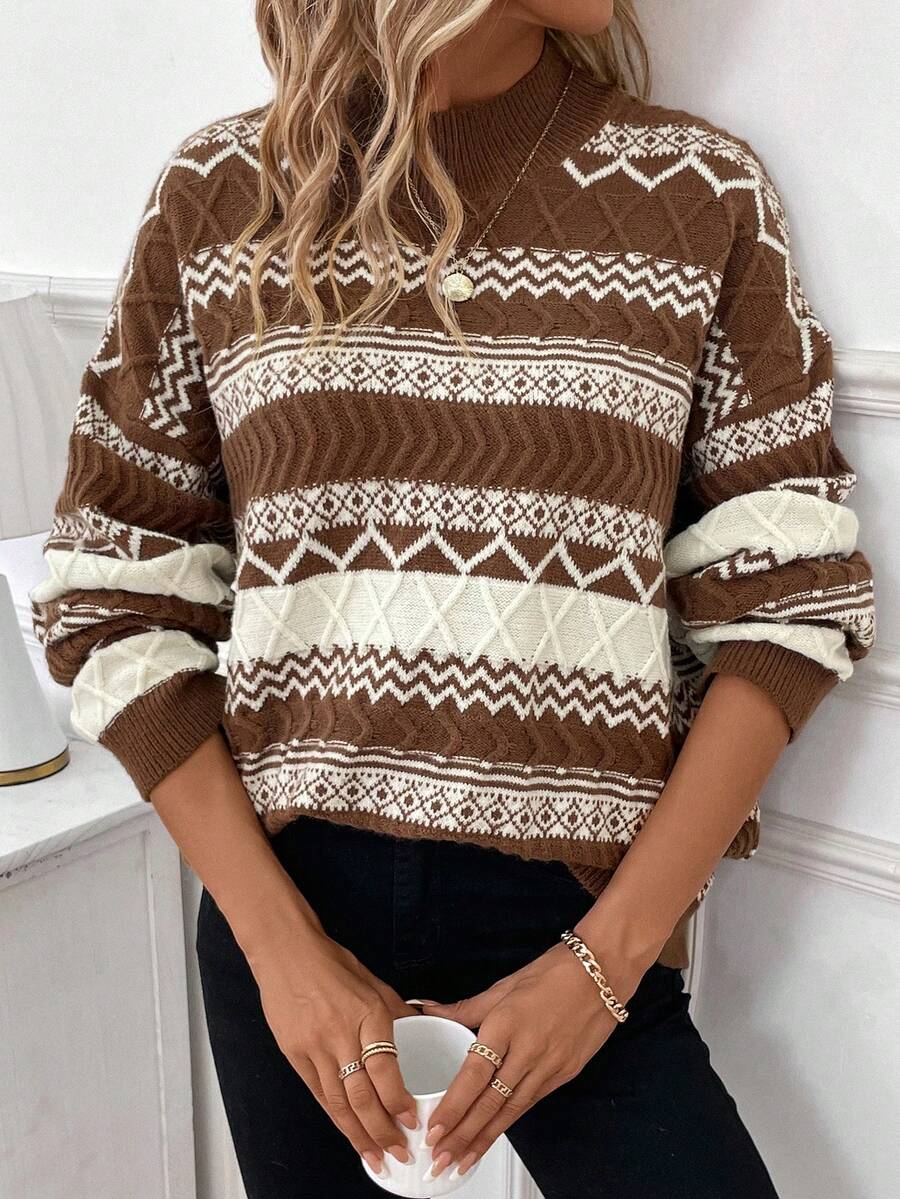 SHEIN Frenchy Jersey con patrón geométrico de cuello alto de hombros caídos - Café integral - Ver 1